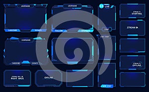 Game stream frames. Futuristic gamers live streaming interface screen, mmo game menu garish frames flat vector illustration set.