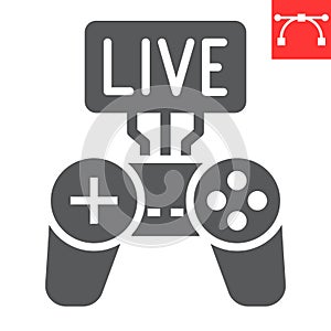 Game streaming glyph icon, video games and stream, live stream sign vector graphics, editable stroke solid icon, eps 10.
