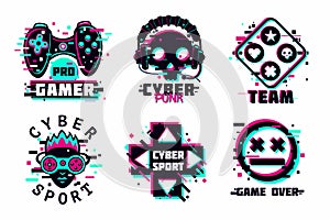 Game team emblem set. Glitch style vector signs. Cyber punk illustration set. Virtual reality sport icons.