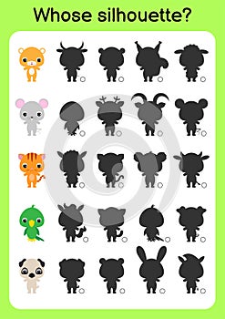 Game template find correct shadow. Matching game for children. Educational activity page for preschool years kids and toddlers.