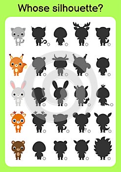 Game template find correct shadow. Matching game for children. Educational activity page for preschool years kids and toddlers.