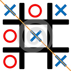 Game of tic-tac-toe. the field is black, the zeroes are red, the crosses are blue