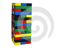 Game tower of colored wooden blocks, bricks isolated on a white background