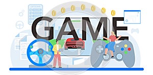 Game typographic header. Creative process of a computer