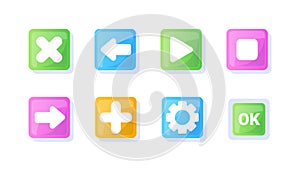 Game UI button. Mobile application or game interface element. Cartoon colorful design. Sticker or label for user