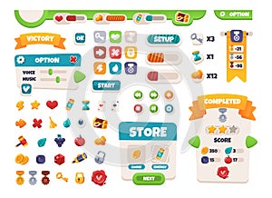 Game UI buttons. Mobile application interface elements. Cartoon colorful design. Progress bar, panel and indicators