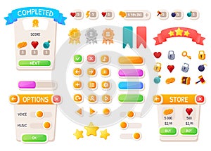Game UI buttons. Mobile application or game interface elements. Cartoon colorful design. Progress bar, panel and photo
