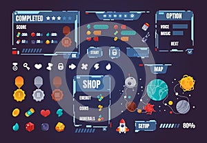 Game UI kit. Cartoon interface menu elements. Buttons and progress bars set. Award medals. Space arcade indicators. Map with
