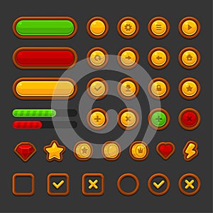 Game UI Kit Icons Set on Dark Background. Vector