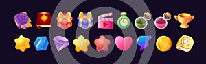 Game ui kit icons stars colored ribbons menus and status bars for online web or smartphone games