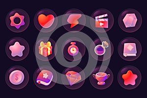 Game ui kit icons stars colored ribbons menus and status bars for online web or smartphone games