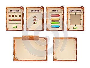 Game ui scrolls, wood boards and antique parchment