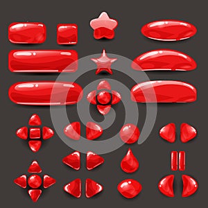 Set game ui . Complete red menu of graphical user interface GUI to build 2D games. Casual Game. Vector.