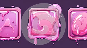 Game UI slime name plate kit. Pink phlegm texture square and circle avatar frames. Slimyt button with liquid drop design photo