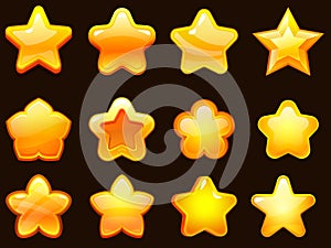 Game UI star. Cartoonic glossy stars shapes, shiny star for games. Cartoon gaming elements vector illustration set photo