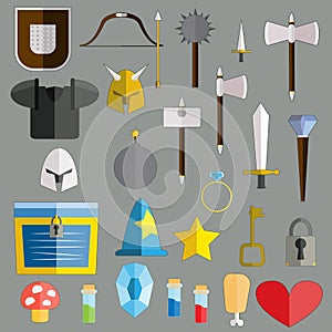 Game weapon icons flat set. Weapons, shields, magic, scrolls