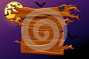 Game wooden banner, scary Halloween holiday background.