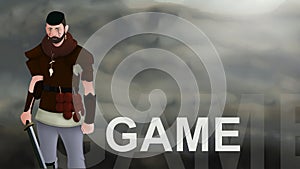 Game word text with Warrior armed with sword viking and leather armor on a gradient background. With copyspace for your text. Larp