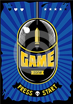 Game zone vintage poster. Computer video games retro illustration. Gaming vector background with mouse and bullet