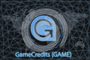 GameCredits GAME Abstract Cryptocurrency. With a dark background and a world map. Graphic concept for your design photo