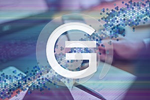 GameCredits, game cryptocurrency sign. Business person, trader, investor, analyst using mobile phone app analytics to analyze photo