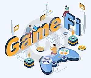 Gamefi concept. Blockchain game vector 3d isometric poster. Crypto, nft art, token and fungible finance. People earn