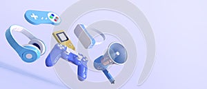 Gamepad - Gaming concept and game console hanging with headphones and game on blue Background