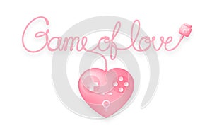 Gamepad or joypad heart shape pink color with male, female gender symbol and Game of love text made from cable, valentine concept