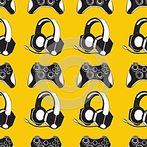 Gamepad joystick game controller and Headphones with microphone seamless pattern. Devices for video games, esports