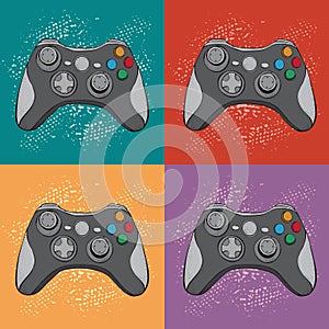 Gamepad joystick game controller pattern. Colorful background in pop art retro comic style. Devices for video games