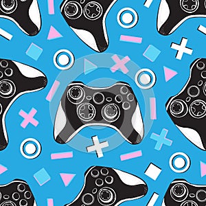 Gamepad joystick game controller seamless pattern. Devices for video games, esports, gamer on blue background. Hand