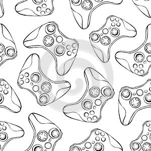 Gamepad joystick game controller seamless pattern. Devices for video games, esports, gamer isolated on white. Hand drawn