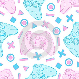Gamepad joystick game controller seamless pattern. Devices for video games, esports, gamer on white background. Hand