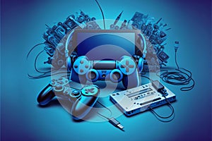 Gamepad with joystick and video game console on blue background. 3D rendering