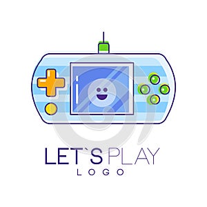 Gamepad logo with screen and green-orange buttons to play. Digital entertainment. Linear emblem with blue fill. Vector