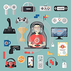 Gamepad vector gamer playing gameplay and player character gaming videogame with joystick or game-console illustration