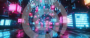 Gameplay: Action Virtual Arcade Video Game, Shooting Cubes in Cyberspace and Scoring Points. Colorful and Immersive Fun photo
