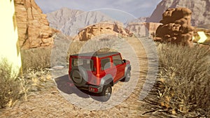 Gameplay of racing video game with off-road SUV vehicle in desert