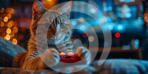 Gamer cat with joystick playing video games, close-up. Generated by AI