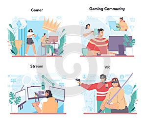 Gamer concept set. Person play on the computer video game. E-sports comunity photo