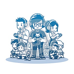 Gamer Family. Vector Cartoon Illustration on White Background