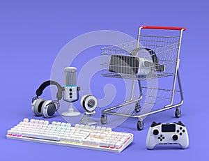Gamer gears like keyboard, joystick, headphones, VR glasses, microphone