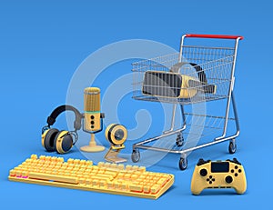 Gamer gears like keyboard, joystick, headphones, VR glasses, microphone