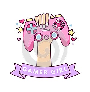 Gamer girl kawaii vector illustration with hand holding a pink gaming controller