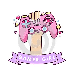 Gamer girl kawaii vector illustration with hand holding a pink gaming controller photo