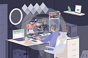 Gamer guy playing online game on computer at home vector illustration. Smiling male taking part at cybersport