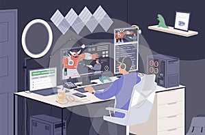 Gamer guy playing online game on computer at home vector illustration. Smiling male taking part at cybersport photo