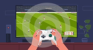 Gamer hands with console controller. Hands holding joystick, man is playing football simulator, guy front of screen