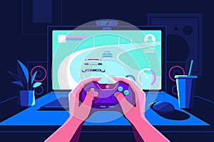 Gamer hands holding console in front of screen