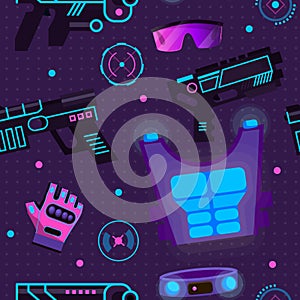 Gamer in laser tag vector player character gaming in lasertag with gun shooting in aim illustration in gameplay with